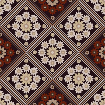 seamless geometric pattern, rhombus with beautiful unusual flowers beige  and brown  colors, vector illustrationのイラスト素材