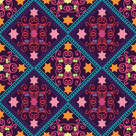 geometric seamless pattern, rhombus with an unusual pattern on purple background, vector illustrationのイラスト素材