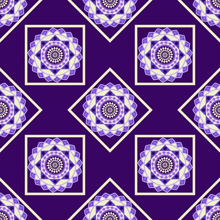 seamless geometric pattern, rhombus and squares with lilac mandala, vector illustrationのイラスト素材