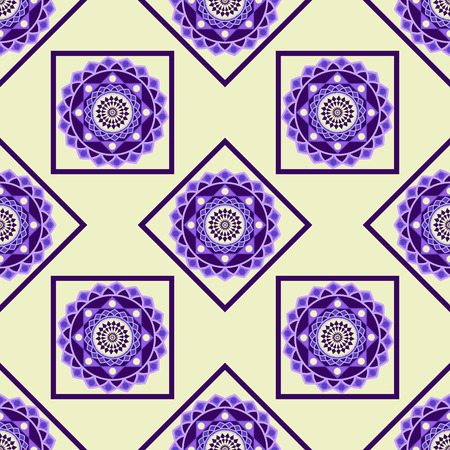 seamless geometric pattern, rhombus and squares with purple mandala, vector illustrationのイラスト素材