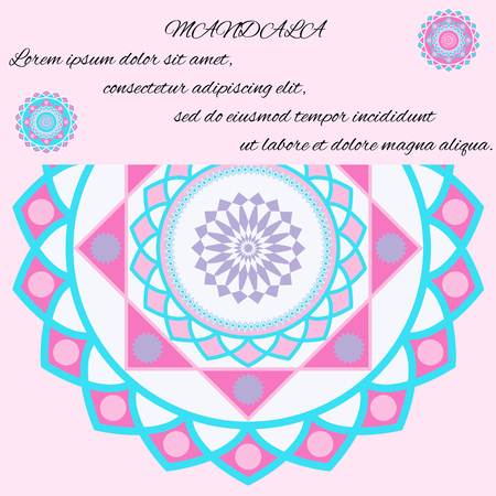 beautiful unusual pattern, turquoise and pink mandala, layout with text, vector illustrationのイラスト素材