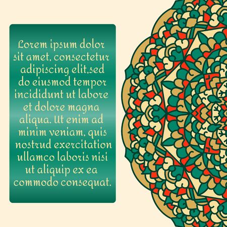 Vintage card with  mandala pattern and ornament.Vector leaflet oriental design layout.Beautiful floral mandala with place for your text.Vector illustration.Decorative label.のイラスト素材