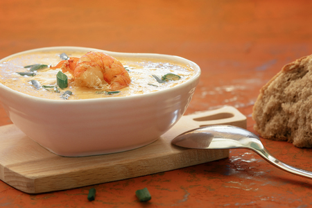Closeup Delicious Cream Soup with Shrimp and Onionの写真素材