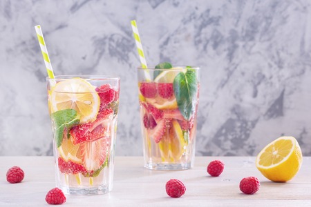 Glasses of Fresh Fruit Lemonade Cocktail Side Viewの写真素材