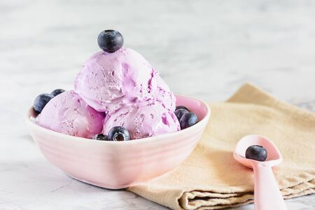 Violet Sweet Ice Cream with Blueberry in Bowlの写真素材