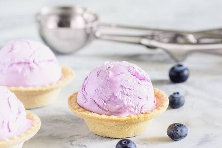 Sweet Blueberry Ice Cream Ball in Waffle Basket. Frozen Ice-Cream Dessert in Bowl with Iced Fruit. Delicious Berry Sorbet and Metal Scoop. Portion of Lavender Freezing Dish. Refreshing Treatの写真素材