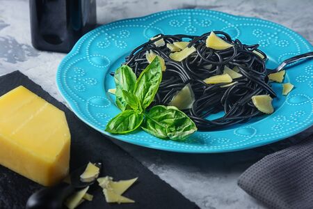 Portion Delicious Cuttlefish Black Ink Spaghetti Copy Space.の写真素材