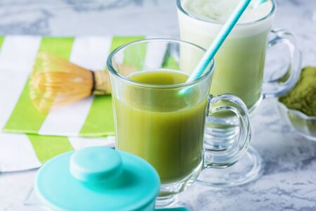 Close-up photo. Matcha green tea latte. Healthy drinks.の写真素材