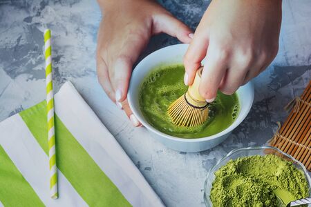 The process of making green tea matcha.の写真素材