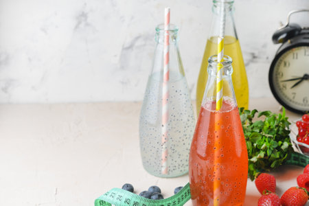 Three bottles of a drink with basil seeds. Light photography with copy space.の写真素材