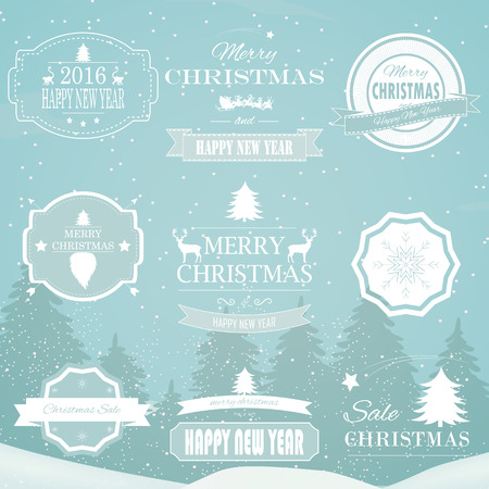 Christmas Decorations Vector Design Elements. Typographic elements, Symbols, Icons, Vintage Labels, Badges, Ornaments and Ribbon, Merry Christmas Happy New Year and Happy Holidays wishesのイラスト素材