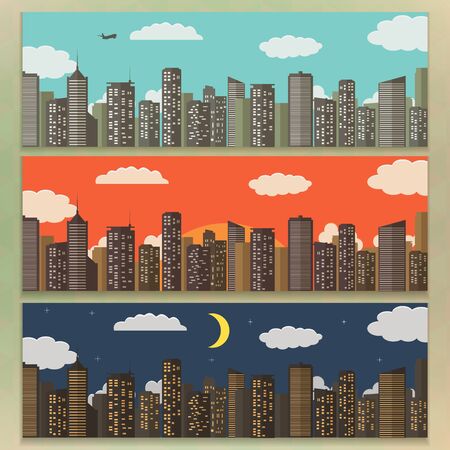 3 Urban Landscape Banners. Summer City Background. Flat Design. Concept Icon. Template. Vectorのイラスト素材