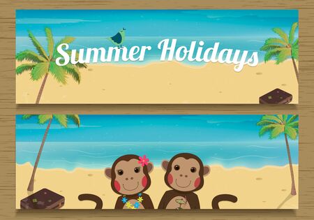 2 Summer Holidays Banner with cute couple Mouse. Vector illustrationのイラスト素材