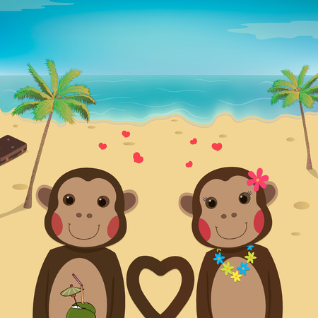 Valentines day card with romantic couple monkeys. Summer background. Beautiful Monkey. Vector illustrationのイラスト素材