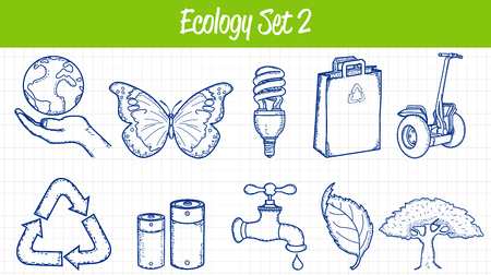 Ecology icons set. Hand drawn illustration. Vector illustrationのイラスト素材