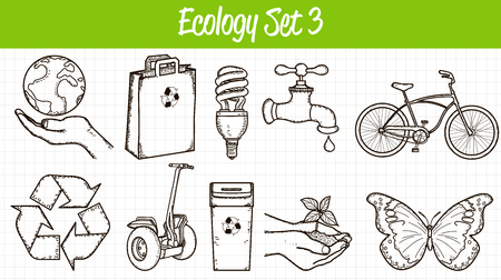Ecology icons set. Hand drawn illustration. Vector illustrationのイラスト素材