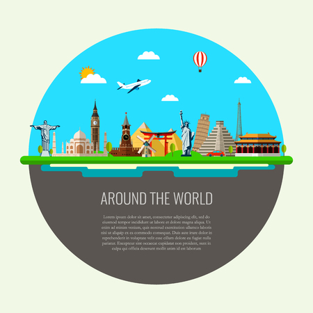 Travel background with famous world landmarks icons. Vector Illustrationのイラスト素材