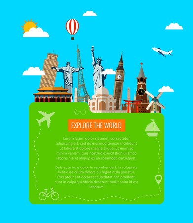 Travel composition with famous world landmarks icons. Vector illustrationのイラスト素材