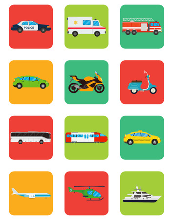 Transport icons set. Municipal and Travel transport. Public transport. Flat design style. Vector illustrationのイラスト素材