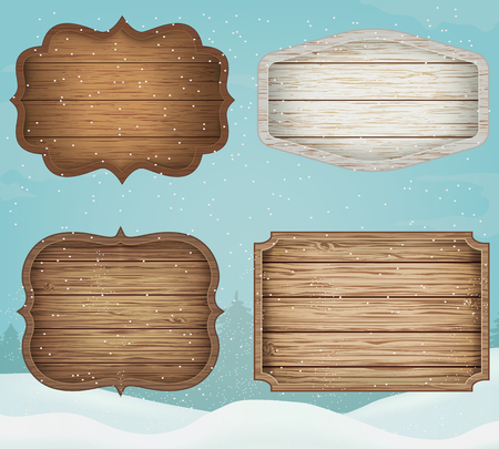 4 realistic wooden signs set. Decoration elements for christmas Vintage style. Vectorのイラスト素材