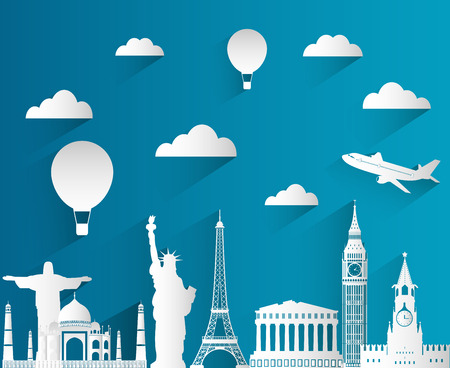 Travel composition with famous world landmarks. Travel and Tourism. Flat design with long shadow. Vector illustrationのイラスト素材