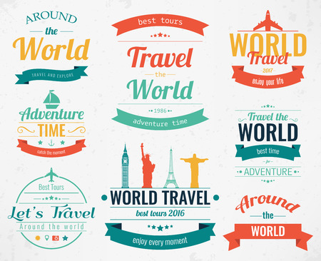 Set of vintage Travel badges and labels. Holiday Elements Icons. Travel and Tourism. Vector illustrationのイラスト素材