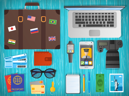 Travel concept vector illustration. Web banner. Objects on wooden background. Travel and Tourism. Flat design.のイラスト素材