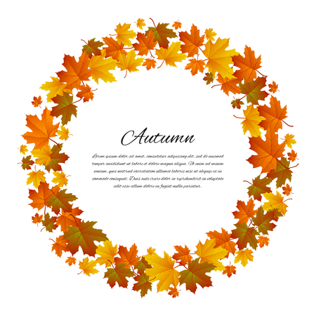 Autumnal round frame. Background with maple autumn leaves. Vector illustration.のイラスト素材