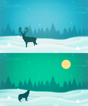 Winter landscape background set with winter tree and wild animals. Vector illustrationのイラスト素材
