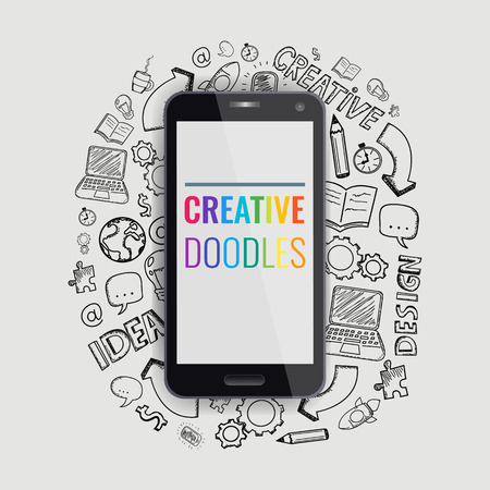 Smartphone with hand drawn doodle icons. Vector illustrationのイラスト素材