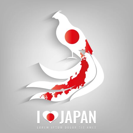 National Japan symbol Pheasant with an official flag and map silhouette. Japan map. Vector illustrationのイラスト素材