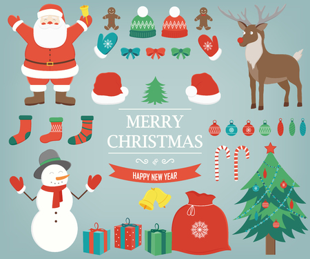 Christmas items, elements and decorations set. Hand drawn. Vector illustrationのイラスト素材