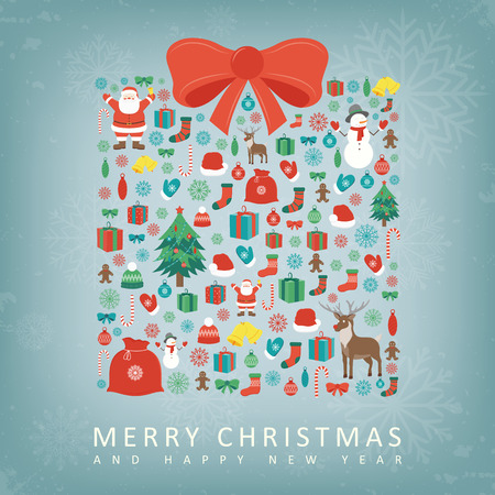 Christmas card with gift box sillhouette and christmas decoration elements. Vector illustrationのイラスト素材