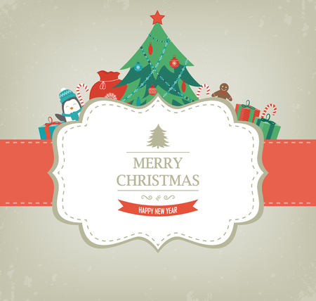 Christmas card with Christmas Tree and Gifts. Vector illustrationのイラスト素材