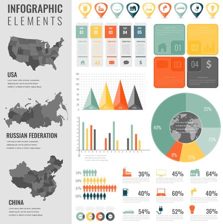 Infographic Elements Set with maps of the countries USA, China, Russian Federation. Business infographic with markers, charts and other elements. Vectorのイラスト素材