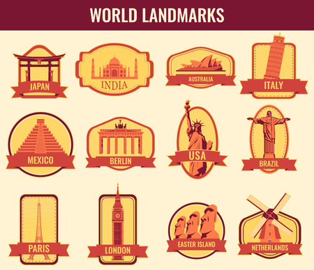 Famous monuments and landmarks collection labels. Travel and Tourism concept. Vectorのイラスト素材