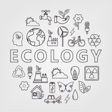 Ecology and environment icons. Round thin line ecology symbol. Hand drawn illustration. Vectorのイラスト素材