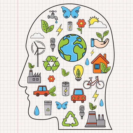 Ecology and environment concept. Human face silhouette with ecology icons. Hand drawn illustration. Vectorのイラスト素材