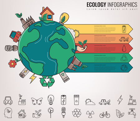 Ecology and environment infographics. Green planet with ecology icons. Hand drawn illustration. Vectorのイラスト素材