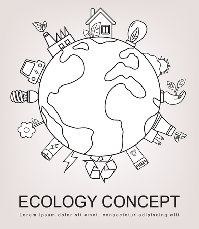 Ecology and environment concept. Green planet with ecology icons. Hand drawn illustration. Vectorのイラスト素材