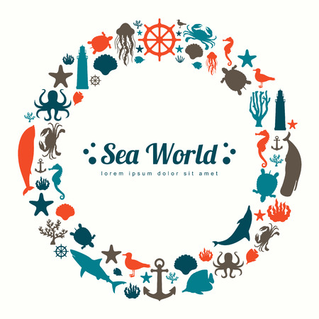 Sea icons and symbols set. Sea animals. Nautical design elements. Vectorのイラスト素材