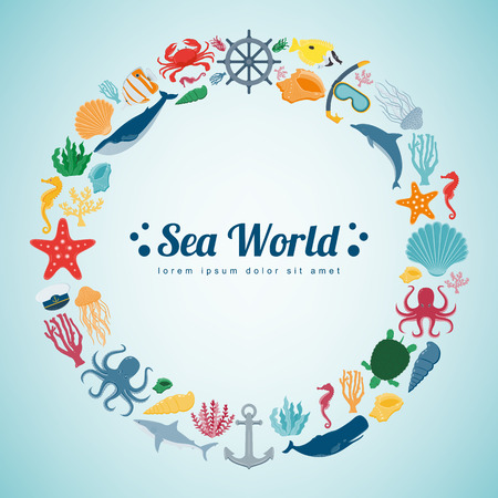 Sea icons and symbols set. Sea animals. Nautical design elements. Vectorのイラスト素材