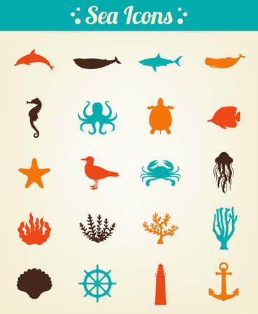 Sea icons and symbols set. Sea animals. Nautical design elements. Vectorのイラスト素材