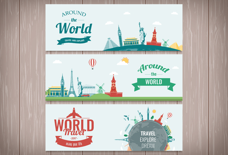 Travel composition with famous world landmarks. Travel and Tourism. Concept website template. Vector.のイラスト素材