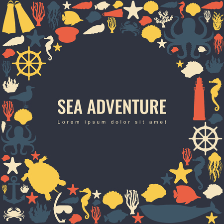 Sea icons and symbols set. Sea animals. Nautical design elements. Vectorのイラスト素材