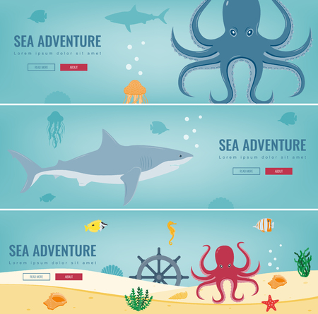 Sea icons and symbols set. Sea animals. Nautical design elements. Concept website template. Vectorのイラスト素材