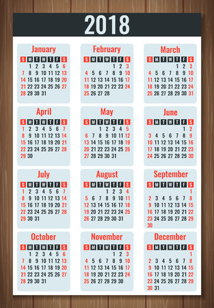 Calendar for 2018. Week Starts Sunday. Simple Vector illustrationのイラスト素材