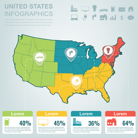 USA map with Infographic elements. Infographics layouts. Vector illustrationのイラスト素材