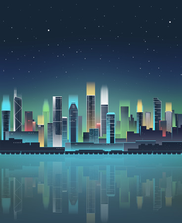 Night city skyline with neon lights. Modern city. illustrationのイラスト素材