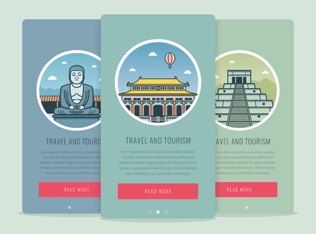 Travel composition with famous world landmarks Kamakura, Chichen Itza, Beijing. Travel and Tourism. Concept website template. Vectorのイラスト素材
